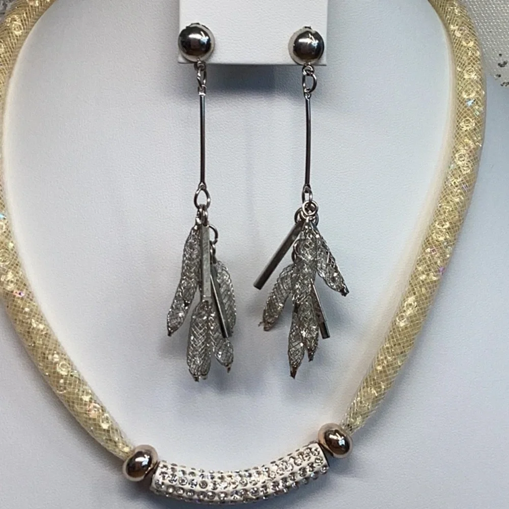 Rhinestone and Crystal AB Yellow Silver and White Necklace Bracelet Earrings Set